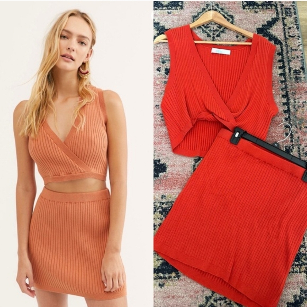 Free People Callie Set Ribbed Knit Crop Top & Mini Skirt - Orange/red